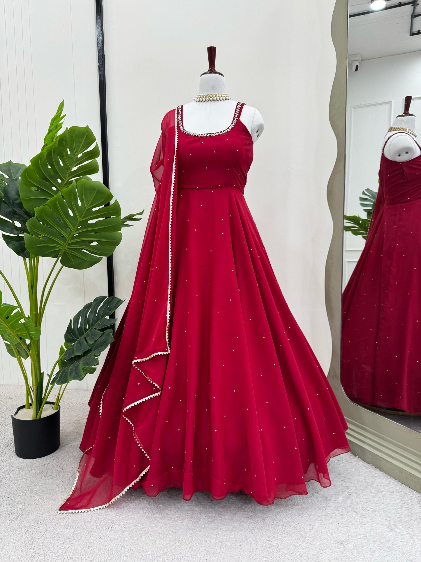 Red Long Flared Gown Kurti Suit With dupatta, Wedding wear dresss