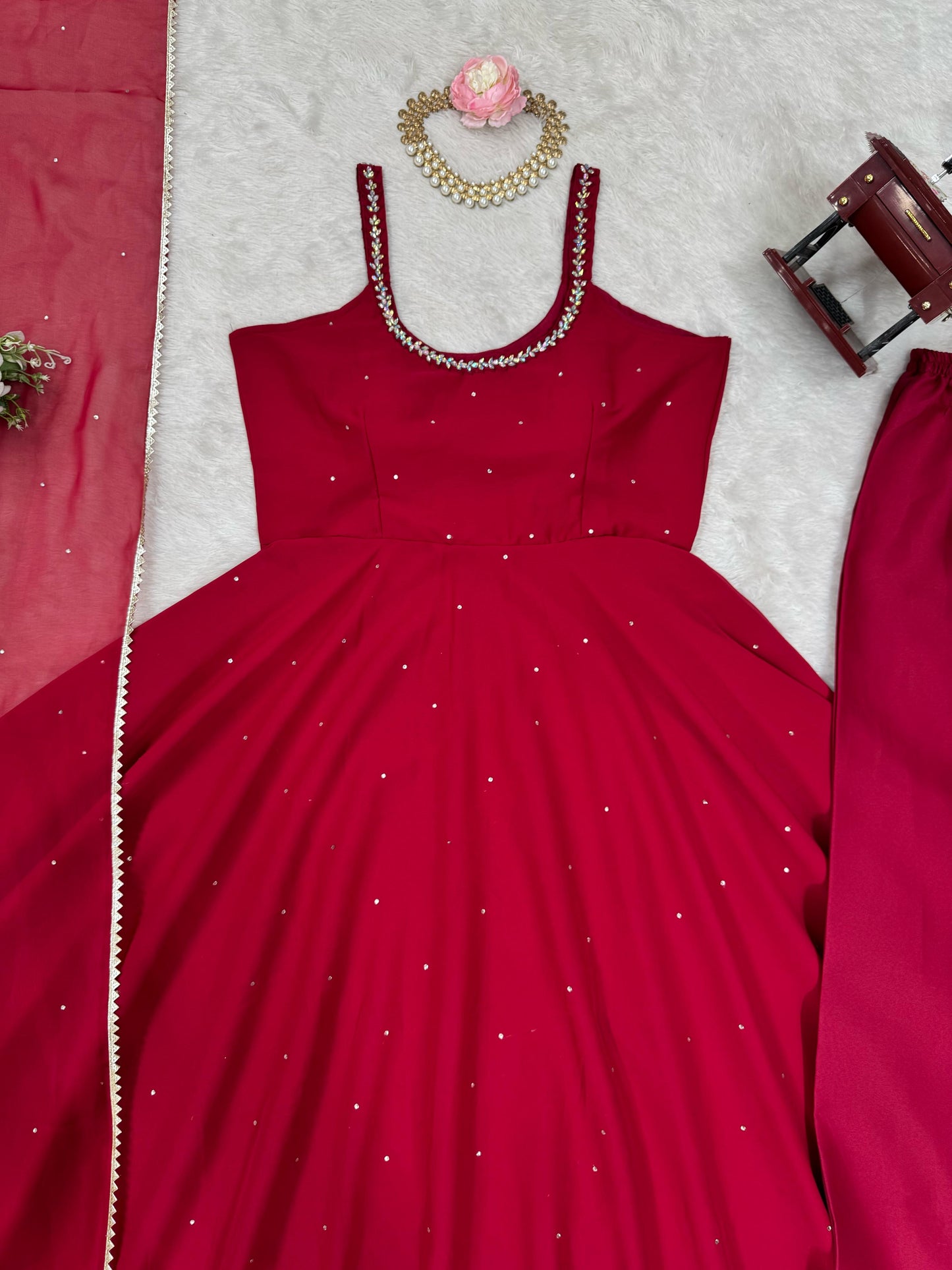 Red Long Flared Gown Kurti Suit With dupatta, Wedding wear dresss