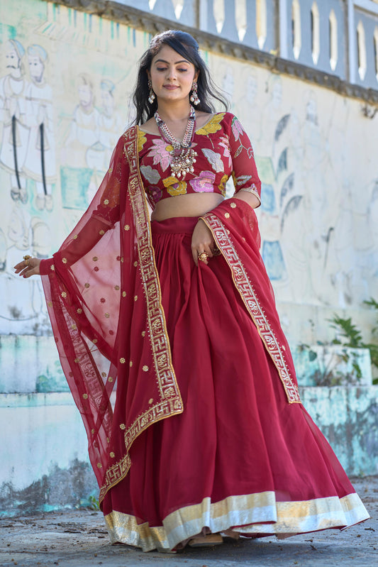 Classical Maroon Embroidery Lehenga