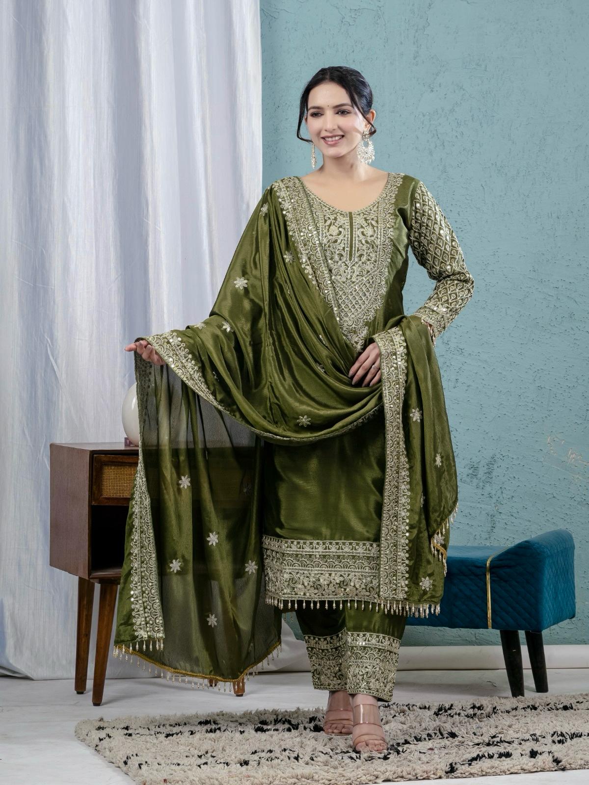 Heavy Embroidered Salwar Kameez in Pure Chinon Silk