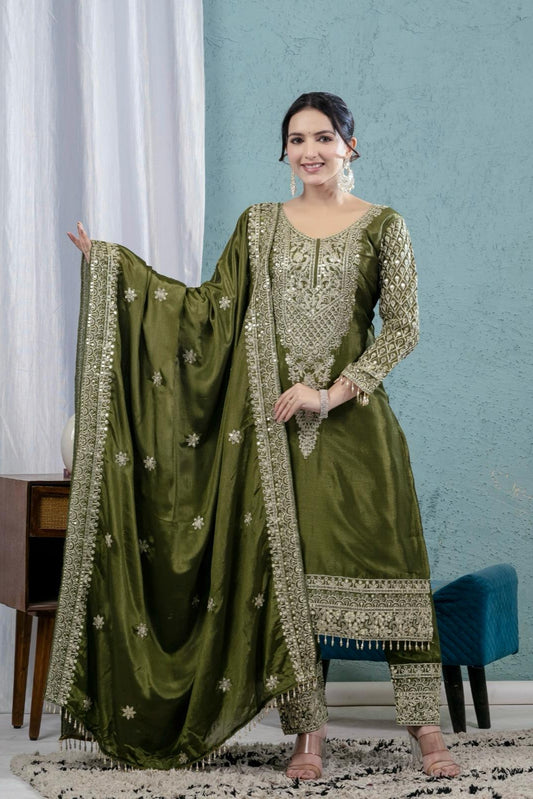 Heavy Embroidered Salwar Kameez in Pure Chinon Silk