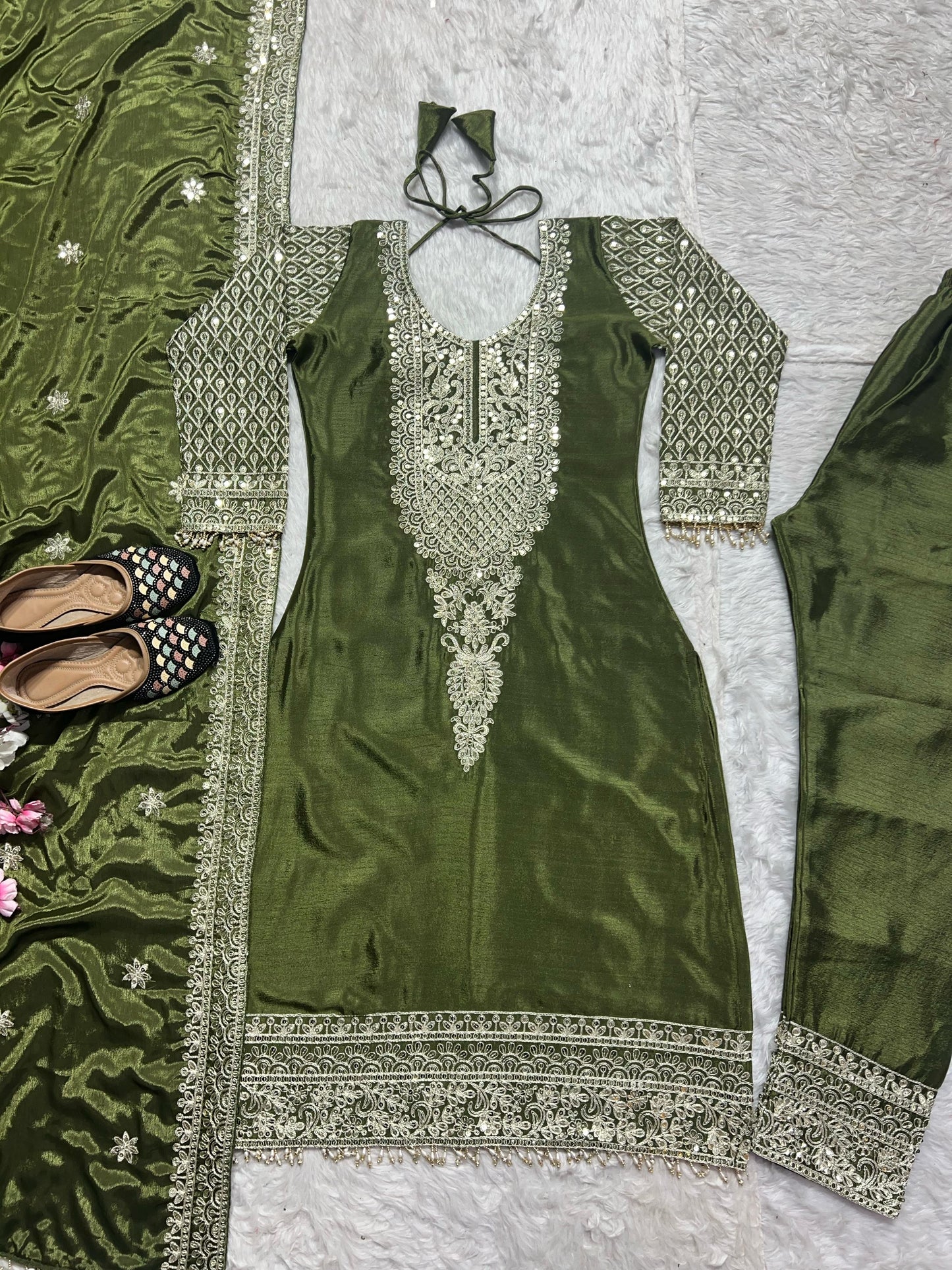 Heavy Embroidered Salwar Kameez in Pure Chinon Silk